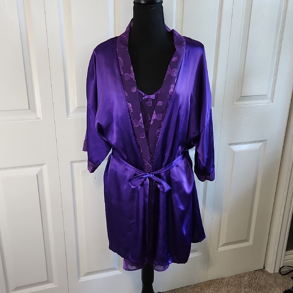 Vintage Petra Fashions‎ Deep Purple Satin Robe & Sheer Slip Lingerie Dress SZ LG